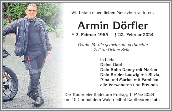 Traueranzeige von Armin Dörfler von Allgäuer Zeitung, Kaufbeuren/Buchloe