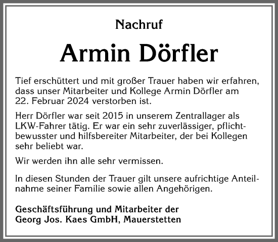Traueranzeige von Armin Dörfler von Allgäuer Zeitung, Kaufbeuren/Buchloe