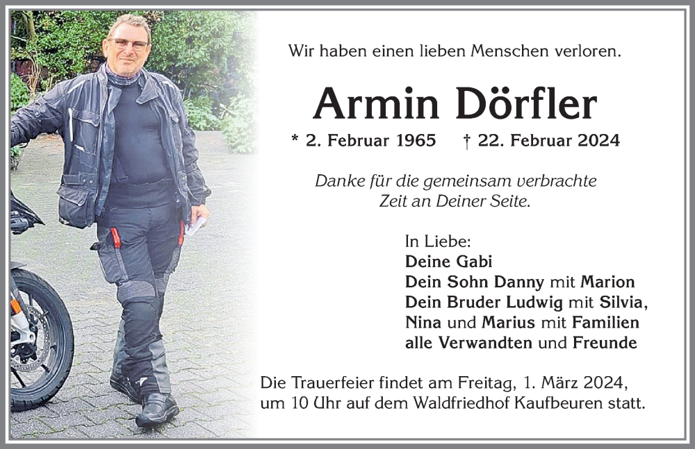  Traueranzeige für Armin Dörfler vom 27.02.2024 aus Allgäuer Zeitung, Kaufbeuren/Buchloe
