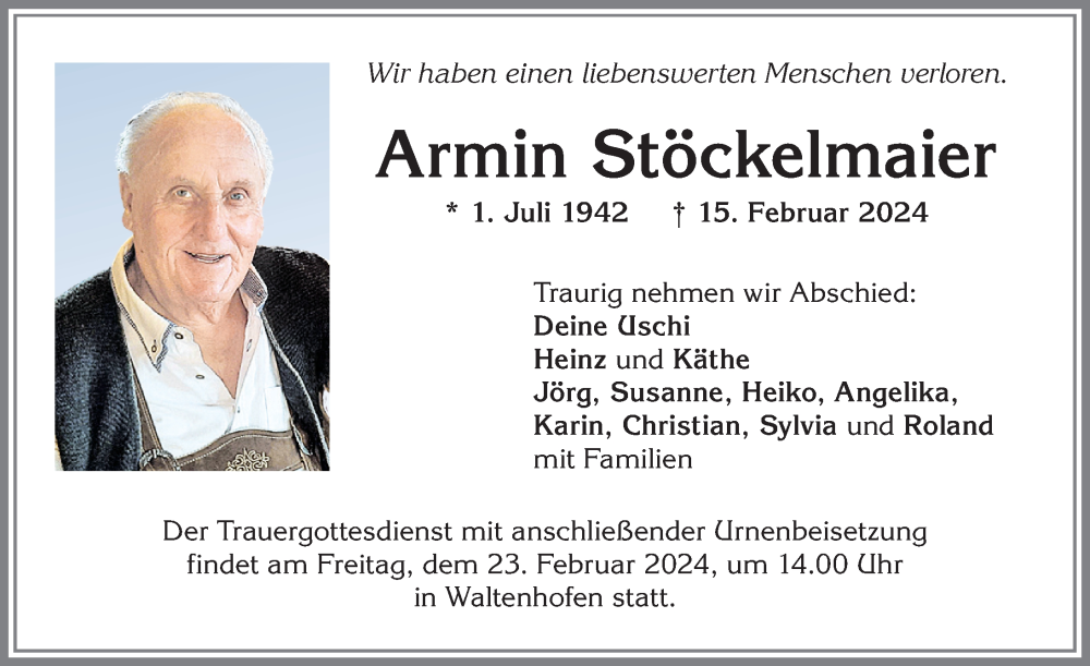  Traueranzeige für Armin Stöckelmaier vom 17.02.2024 aus Allgäuer Zeitung,Kempten
