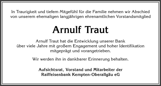 Traueranzeige von Arnulf Traut von Allgäuer Zeitung,Kempten
