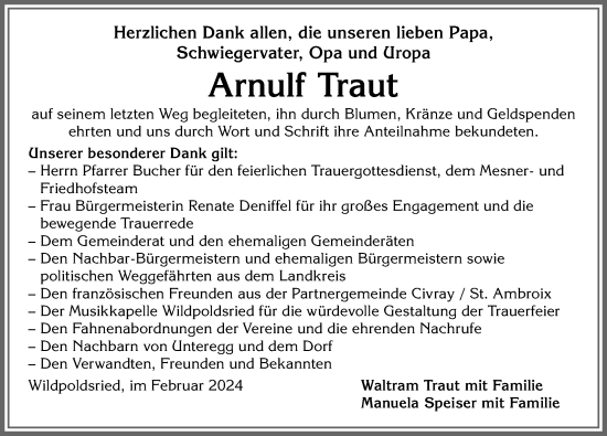 Traueranzeige von Arnulf Traut von Allgäuer Zeitung,Kempten