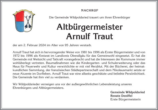 Traueranzeige von Arnulf Traut von Allgäuer Zeitung,Kempten