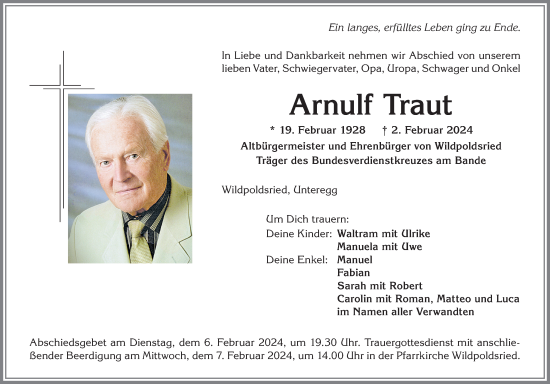 Traueranzeige von Arnulf Traut von Allgäuer Anzeigeblatt
