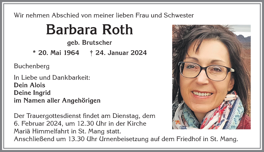  Traueranzeige für Barbara Roth vom 03.02.2024 aus Allgäuer Zeitung,Kempten
