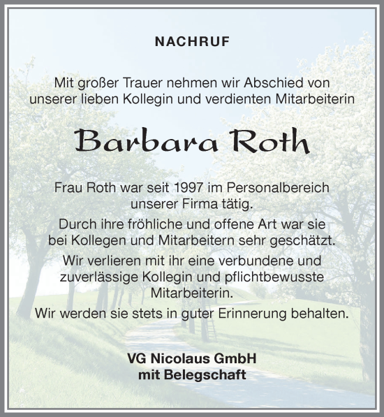 Traueranzeige von Barbara Roth von Allgäuer Zeitung,Kempten