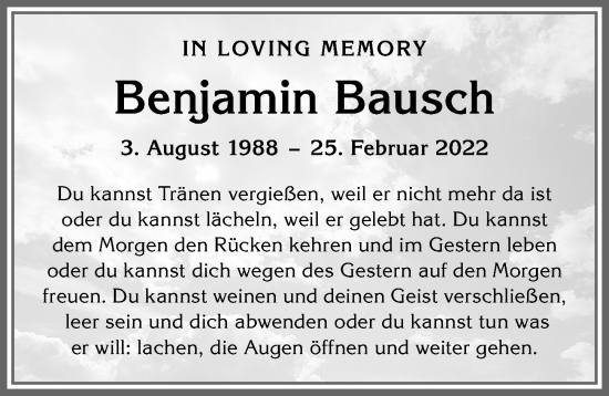 Traueranzeige von Benjamin Bausch von Allgäuer Anzeigeblatt