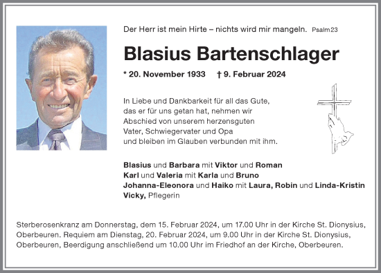 Traueranzeige von Blasius Bartenschlager von Allgäuer Zeitung, Kaufbeuren/Buchloe