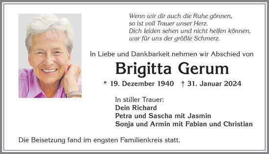 Traueranzeige von Brigitta Gerum von Allgäuer Zeitung,Kempten