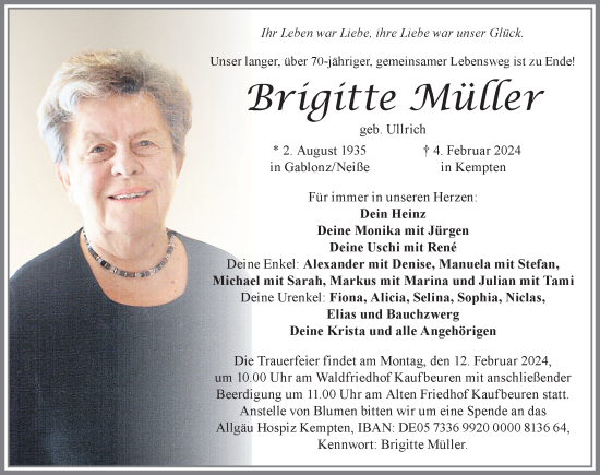 Traueranzeige von Brigitte Müller von Allgäuer Zeitung, Kaufbeuren/Buchloe