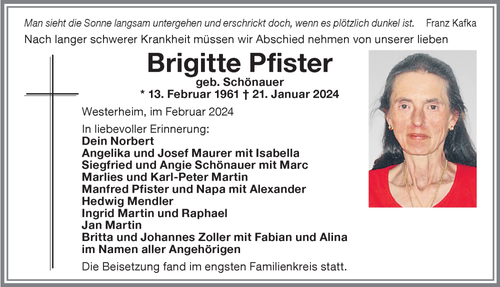  Traueranzeige für Brigitte Pfister vom 03.02.2024 aus Memminger Zeitung