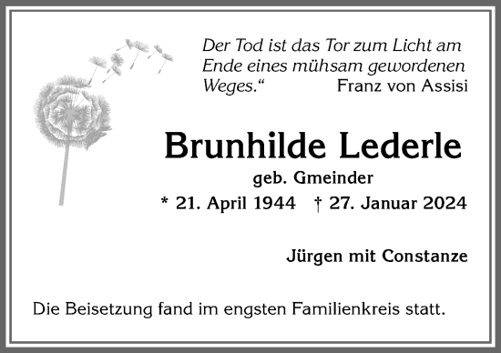 Traueranzeige von Brunhilde Lederle von Allgäuer Anzeigeblatt