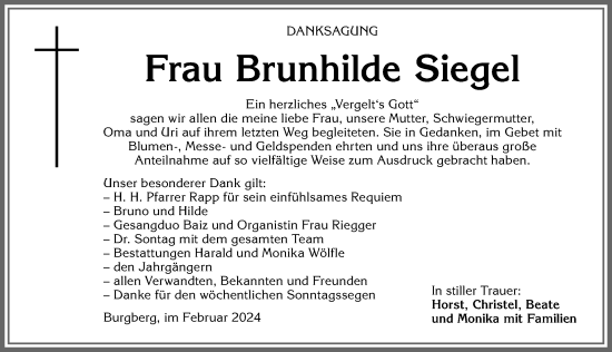 Traueranzeige von Brunhilde Siegel von Allgäuer Anzeigeblatt