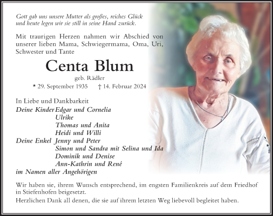 Traueranzeige von Centa Blum von Der Westallgäuer