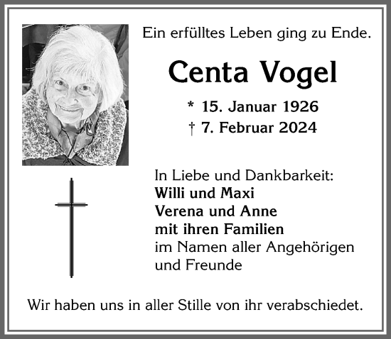 Traueranzeige von Centa Vogel von Allgäuer Zeitung,Kempten