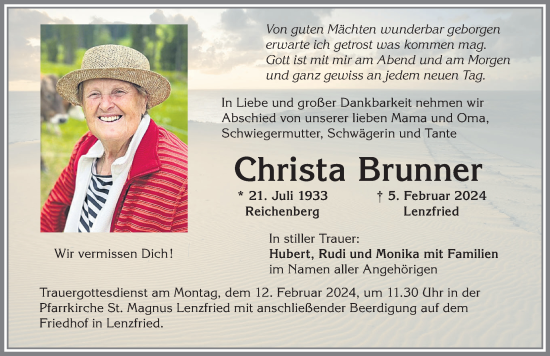 Traueranzeige von Christa Brunner von Allgäuer Zeitung,Kempten