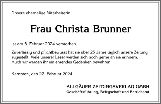 Traueranzeige von Christa Brunner von Allgäuer Zeitung,Kempten