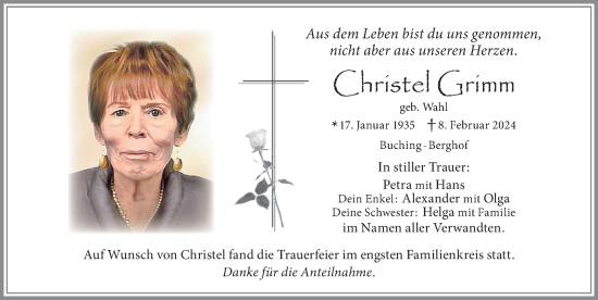 Traueranzeige von Christel Grimm von Allgäuer Zeitung, Füssen