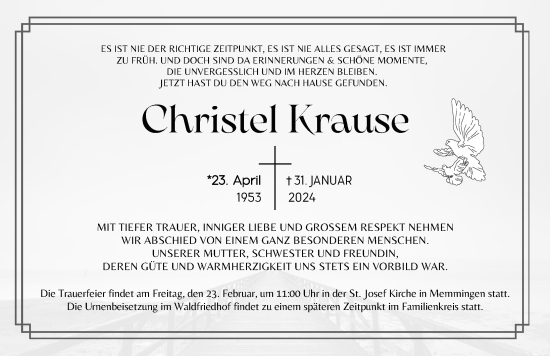 Traueranzeige von Christel Krause von Memminger Zeitung