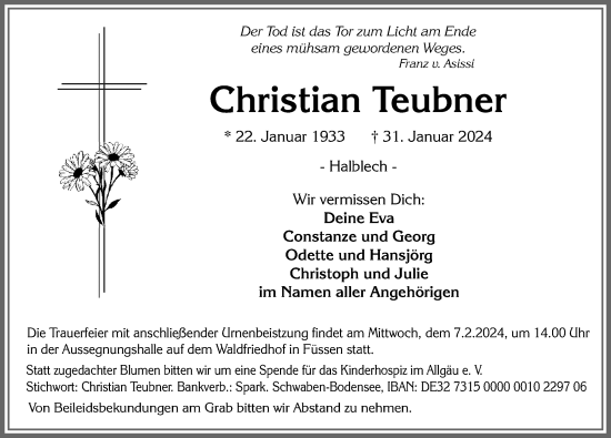 Traueranzeige von Christian Teubner von Allgäuer Zeitung, Füssen