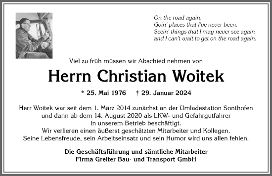 Traueranzeige von Christian Woitek von Allgäuer Anzeigeblatt