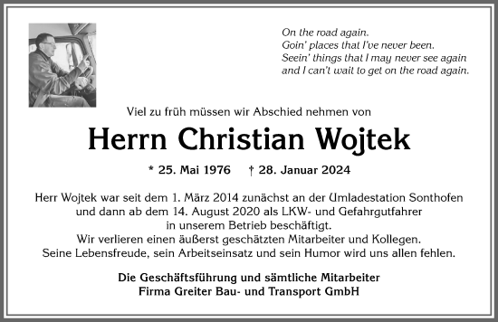 Traueranzeige von Christian Wojtek von Allgäuer Anzeigeblatt