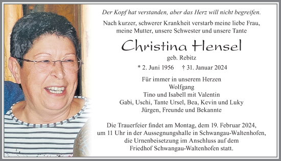 Traueranzeige von Christina Hensel von Allgäuer Zeitung, Füssen