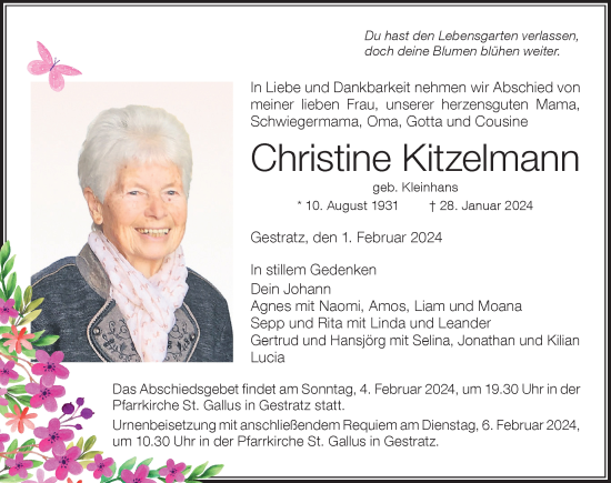 Traueranzeige von Christine Kitzelmann von Der Westallgäuer