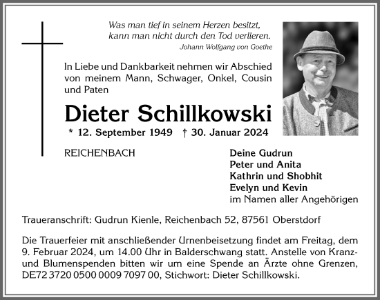 Traueranzeige von Dieter Schillkowski von Allgäuer Anzeigeblatt
