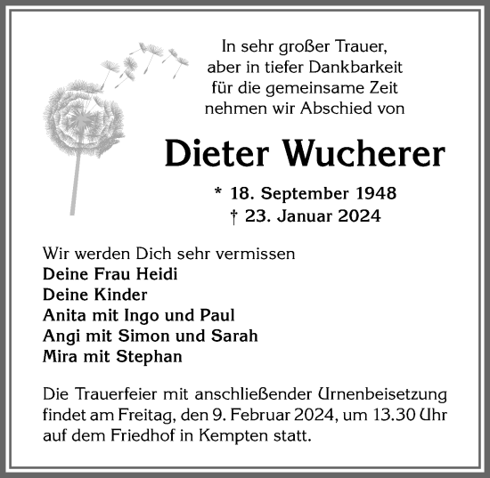 Traueranzeige von Dieter Wucherer von Allgäuer Zeitung,Kempten