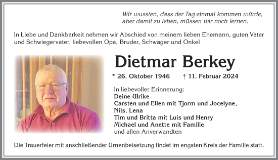 Traueranzeige von Dietmar Berkey von Allgäuer Zeitung, Füssen