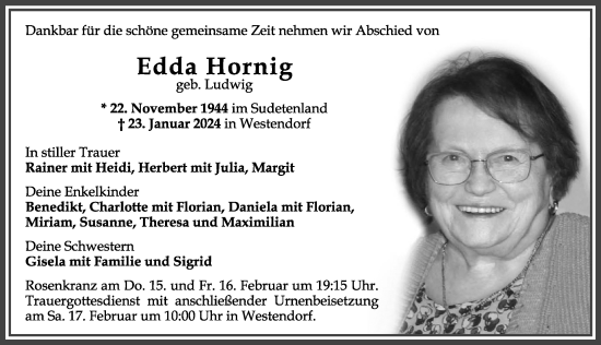 Traueranzeige von Edda Hornig von Allgäuer Zeitung, Kaufbeuren/Buchloe