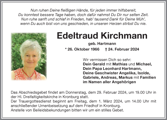 Traueranzeige von Edeltraud Kirchmann von Memminger Zeitung