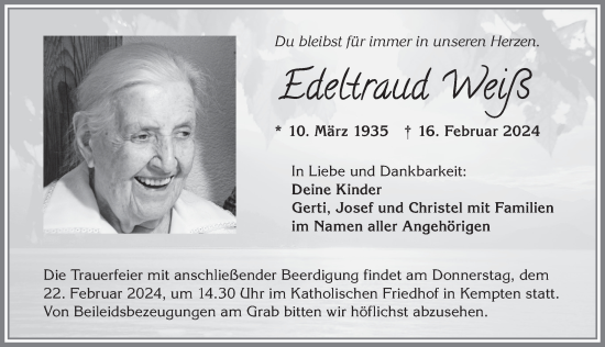 Traueranzeige von Edeltraud Weiß von Allgäuer Anzeigeblatt