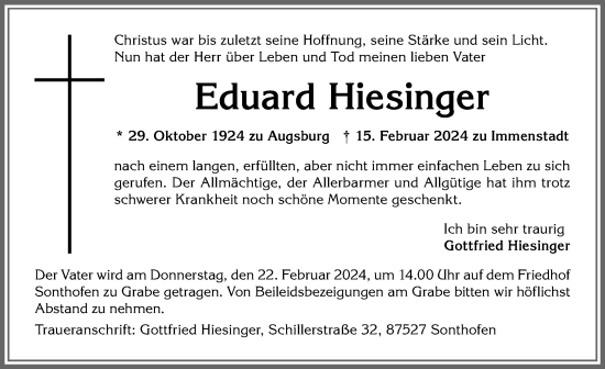 Traueranzeige von Eduard Hiesinger von Allgäuer Anzeigeblatt