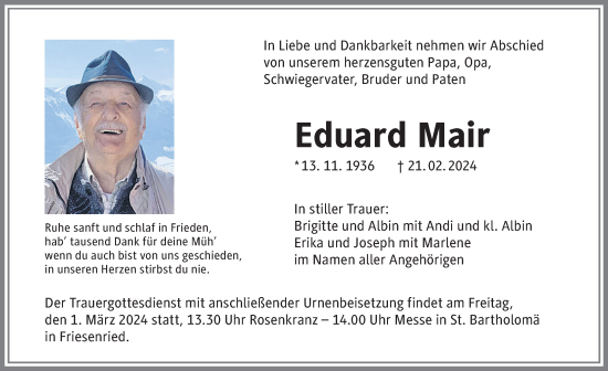 Traueranzeige von Eduard Mair von Allgäuer Zeitung, Marktoberdorf