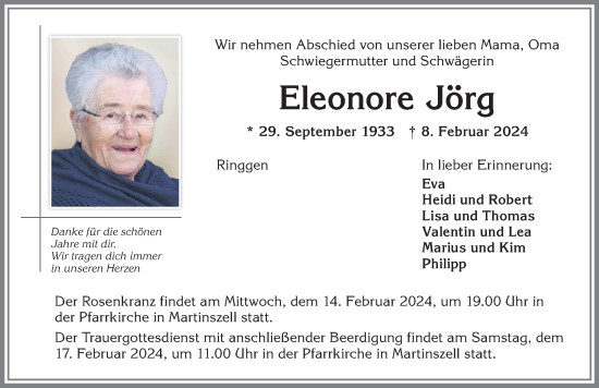 Traueranzeige von Eleonore Jörg von Allgäuer Zeitung,Kempten