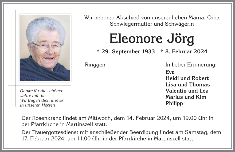  Traueranzeige für Eleonore Jörg vom 13.02.2024 aus Allgäuer Zeitung,Kempten