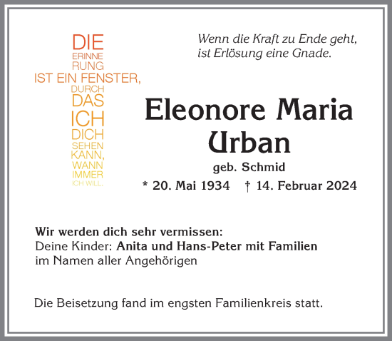 Traueranzeige von Eleonore Maria Urban von Allgäuer Anzeigeblatt