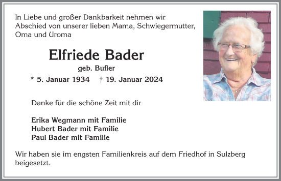 Traueranzeige von Elfriede Bader von Allgäuer Zeitung,Kempten