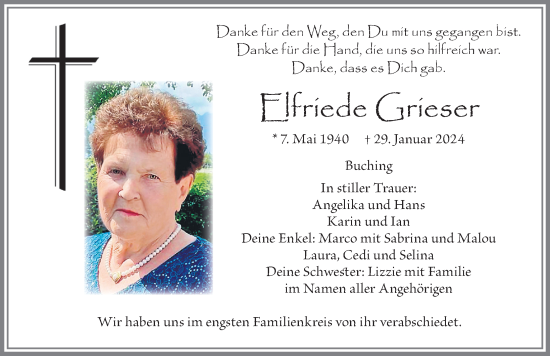 Traueranzeige von Elfriede Grieser von Allgäuer Zeitung, Füssen