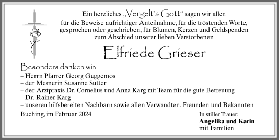 Traueranzeige von Elfriede Grieser von Allgäuer Zeitung, Füssen