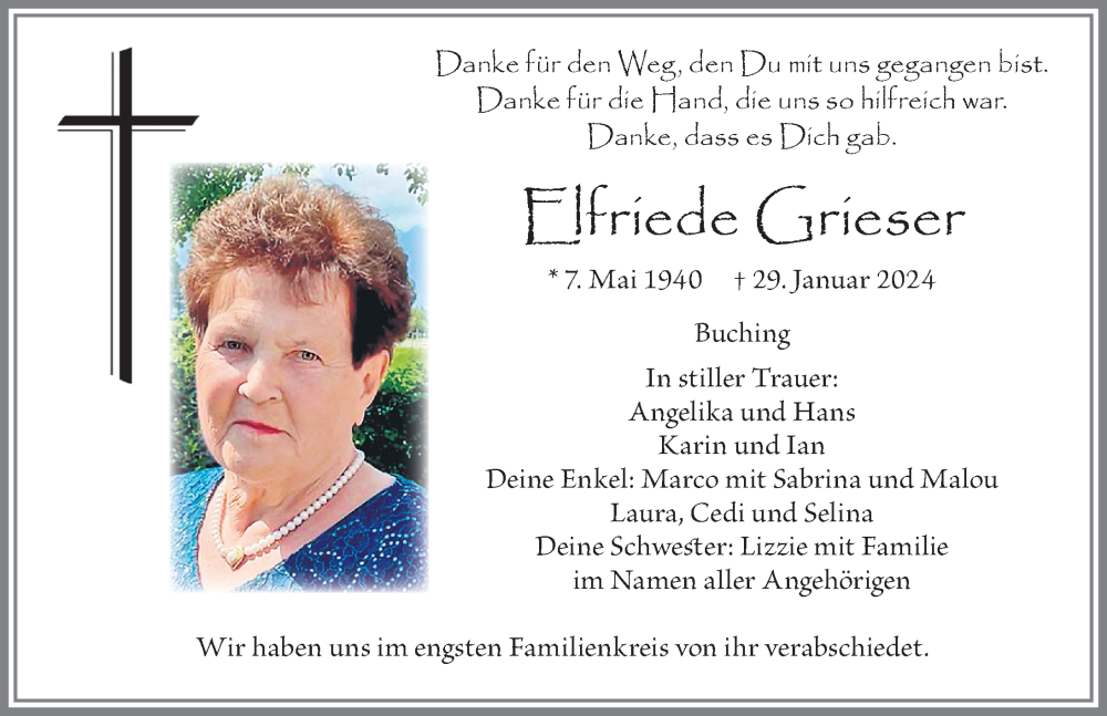  Traueranzeige für Elfriede Grieser vom 06.02.2024 aus Allgäuer Zeitung, Füssen