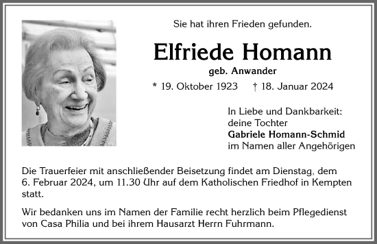 Traueranzeige von Elfriede Homann von Allgäuer Zeitung,Kempten