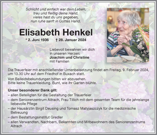 Traueranzeige von Elisabeth Henkel von Memminger Zeitung