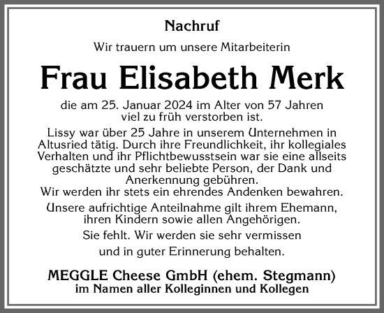 Traueranzeige von Elisabeth Merk von Allgäuer Zeitung,Kempten