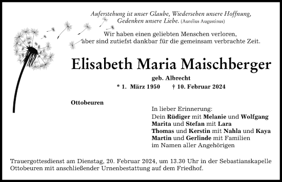 Traueranzeige von Elisabeth Maria Maischberger von Memminger Zeitung