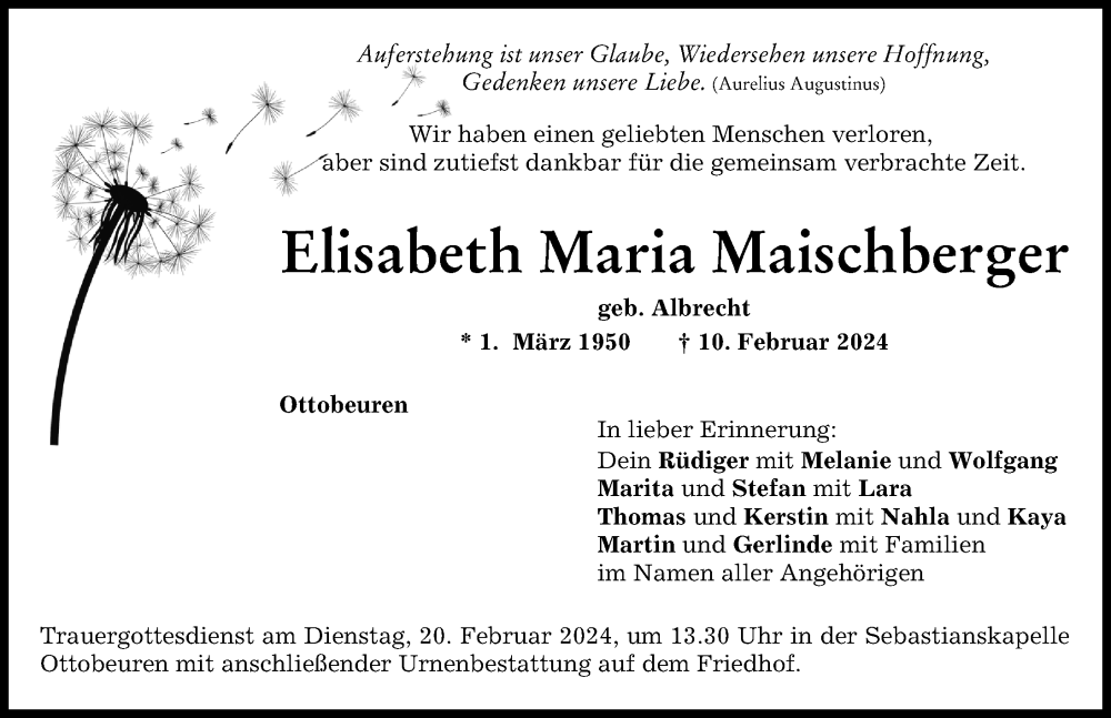 Traueranzeige für Elisabeth Maria Maischberger vom 17.02.2024 aus Memminger Zeitung