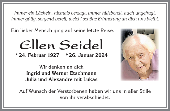 Traueranzeige von Ellen Seidel von Allgäuer Zeitung, Füssen