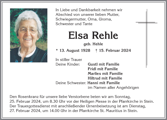 Traueranzeige von Elsa Rehle von Allgäuer Anzeigeblatt
